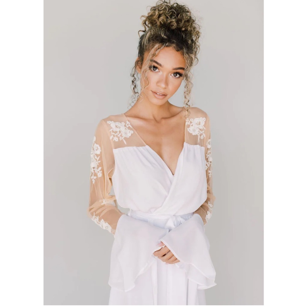 Robed with Love Hildy White Lace Bridal Robe with Bell Sleeves